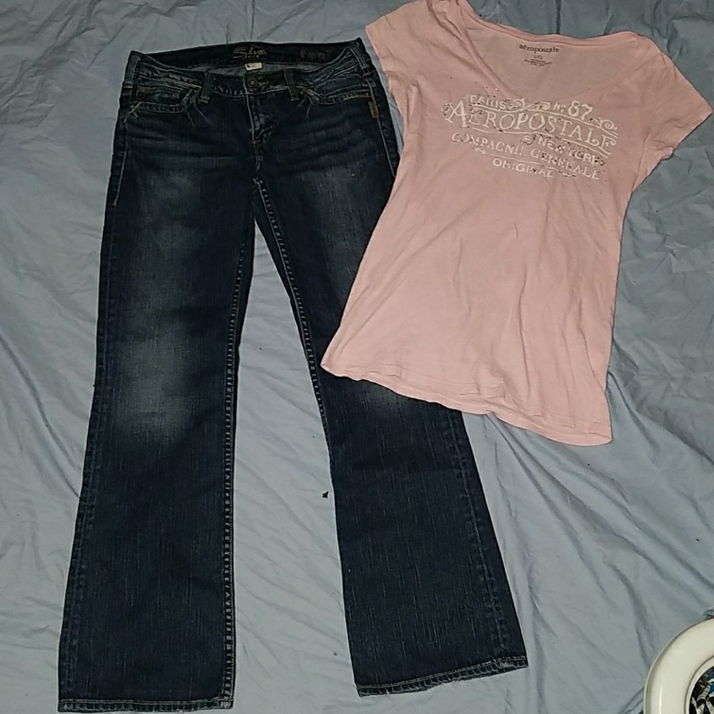 Silver denim jeans and an Aeropostale t-shirt